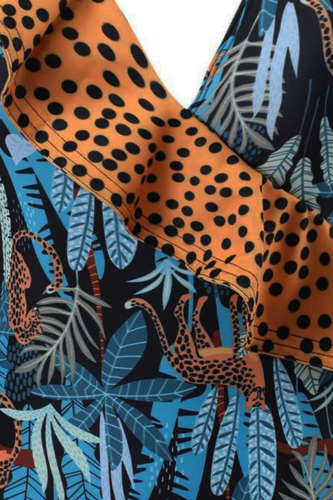 Leola Μπλε Εμπριμέ Ολόσωμο Μαγιό με Παρεό με Animal Print | Γυναικεία Μαγιό Παρεό - Ολόσωμα  - Swimwear | Leola Blue Printed One Piece Swimsuit with Pareo Set