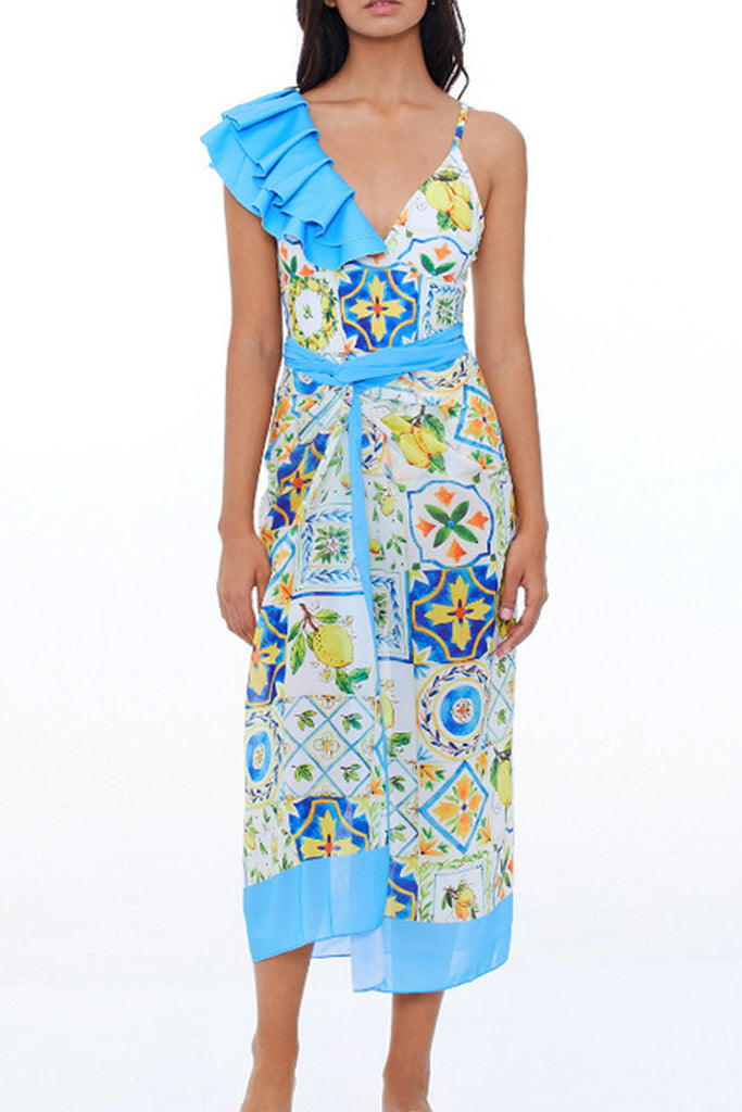 Pean Εμπριμέ Ολόσωμο Μαγιό με Παρεό | Γυναικεία Μαγιό Παρεό - Ολόσωμα - Swimwear | Pean Printed One Piece Swimsuit with Pareo Set