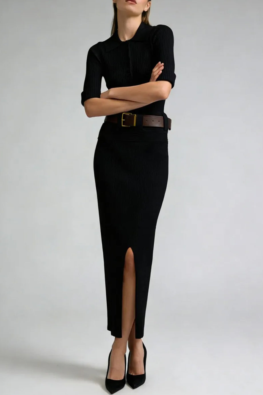 Kathrine Πλεκτό Σετ με Μακριά Φούστα και Τοπ Κορμάκι με Ζώνη | Πλεκτά Σετ Knitwear Clothing Sets | Kathrine Ribbed Knit Set with Ribbed Top and Maxi Skirt with Belt