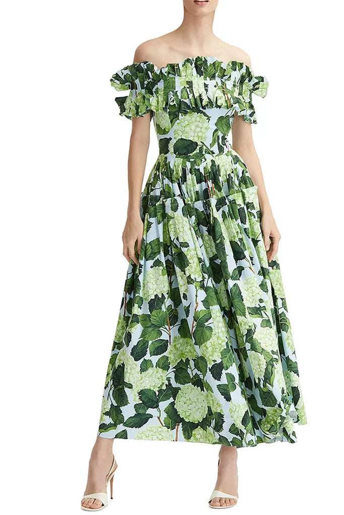 Torenvalk groene bloemen ruches jurk