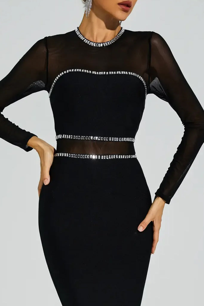 Lustre Βραδινό Φόρεμα με Κρύσταλλα και Διαφάνειες | Φορέματα - Evening Dresses | Lustre Black Mesh Bandage Dress with Crystals