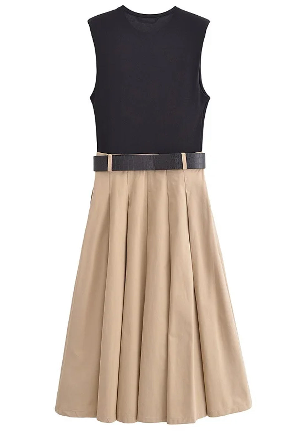 Terra Midi Jurk met Ceintuur en Geplooide Rok