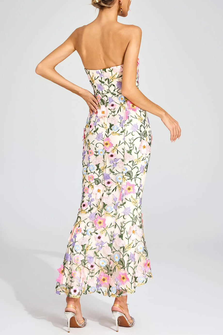 Bellevia Στράπλες Μάξι Φόρεμα με Φλοράλ Δαντέλα | Βραδινά Φορέματα - Evening Dresses | Bellevia Strapless Floral Lace Evening Dress