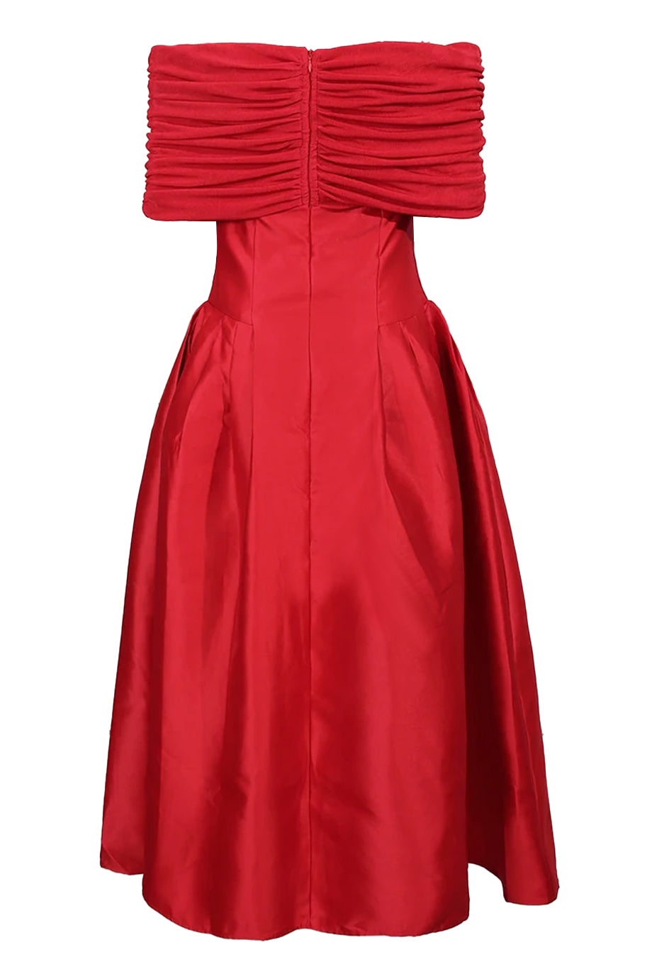 Carmina Κόκκινο Μίντι Φόρεμα με Παρτούς Ώμους | Γυναικεία Φορέματα - Evening dresses| Carmina Red Off-Shoulder Midi Dress
