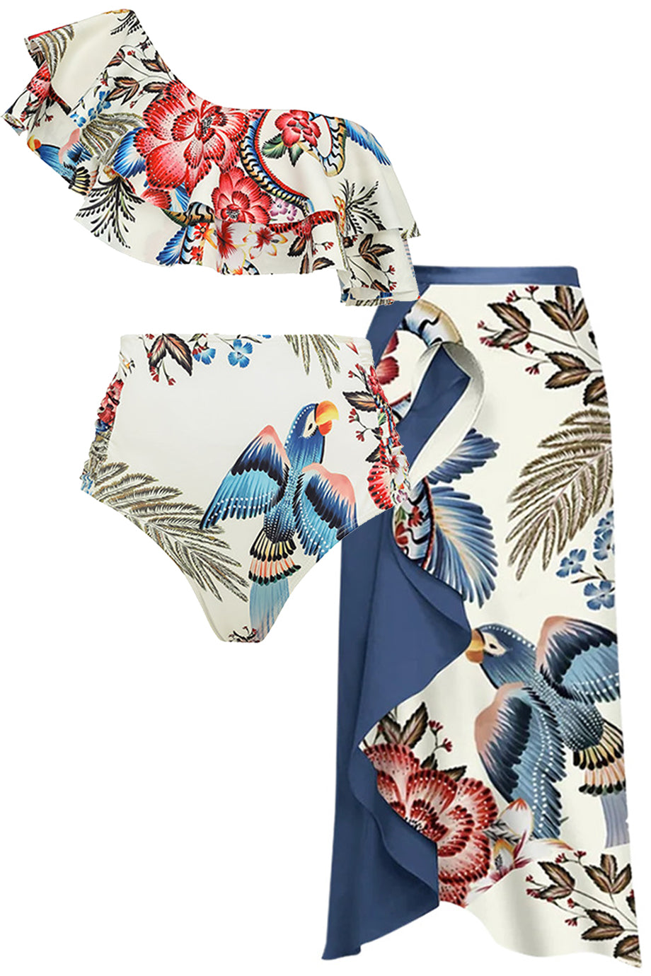 Renzo geprinte ruche bikini en pareo set