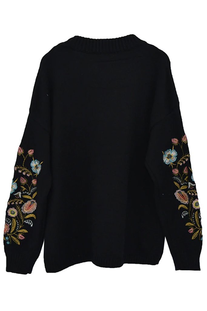 Kerin Μαύρο Πουλόβερ με Κέντημα Λουλουδιών | Γυναικεία Ρούχα - Μπλούζες - Πουλόβερ - Πλεκτά