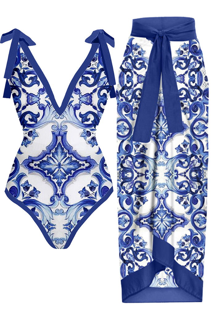 Vintage blauw bedrukt eendelig badpak met Pareo