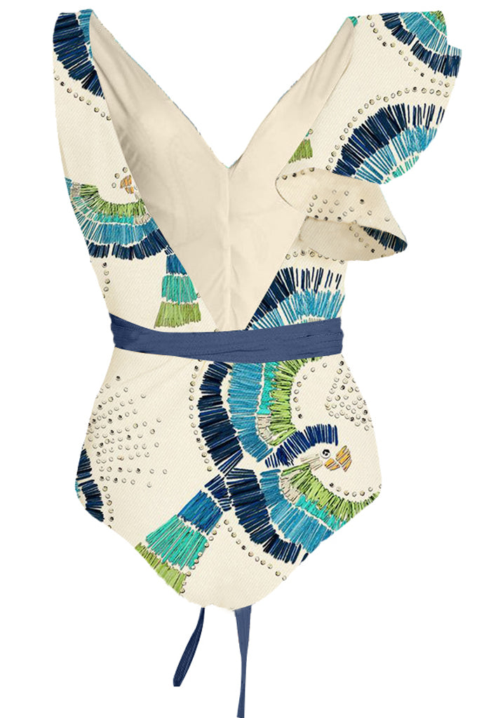 Brazy Μπλε Εμπριμέ Ολόσωμο Μαγιό με Παρεό | Γυναικεία Μαγιό Παρεό - Ολόσωμα - Swimwear | Brazy Blue Printed One Piece Swimsuit with Pareo Set