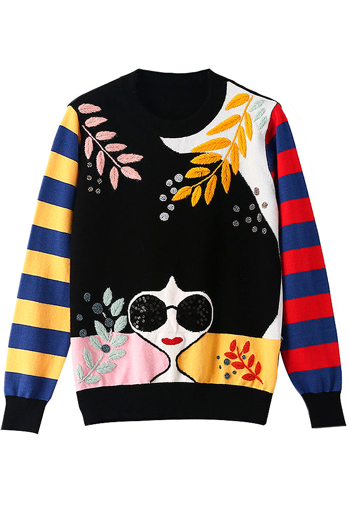 Mima Μαύρο Πολύχρωμο Κεντητό Πουλόβερ | Γυναικεία Ρούχα - Πουλόβερ