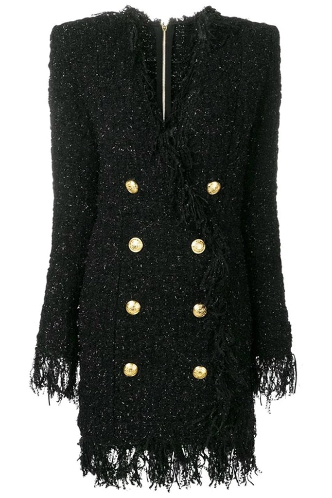 Adaria zwart tweed mini-jurkjasje met franjes