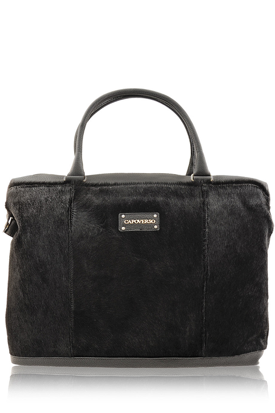 CAPOVERSO CAVALLINO Zwarte leren tas met ponyhaar