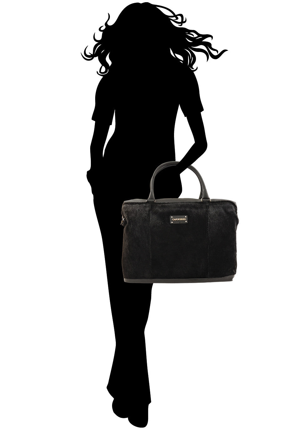 CAPOVERSO CAVALLINO Zwarte leren tas met ponyhaar