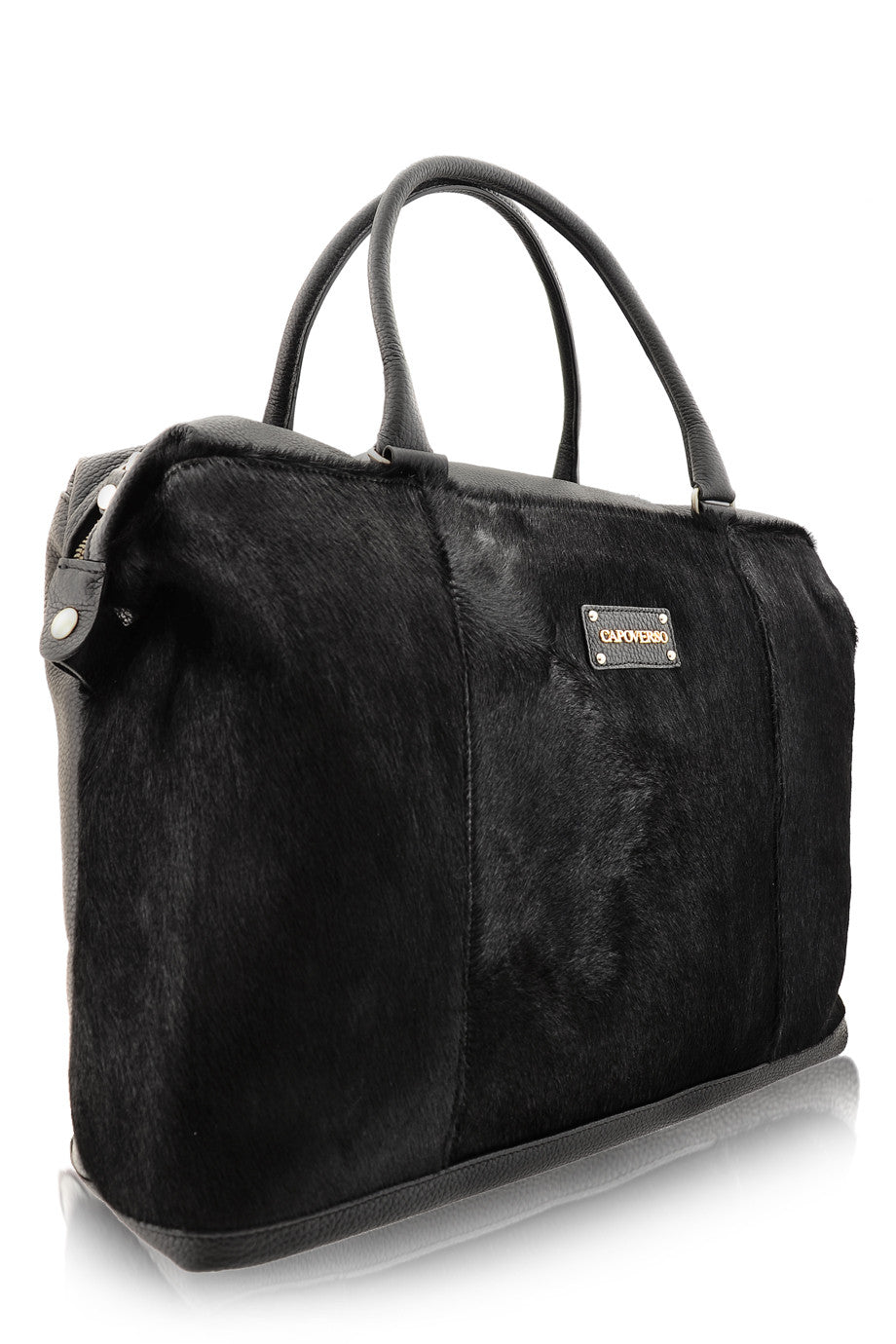 CAPOVERSO CAVALLINO Zwarte leren tas met ponyhaar