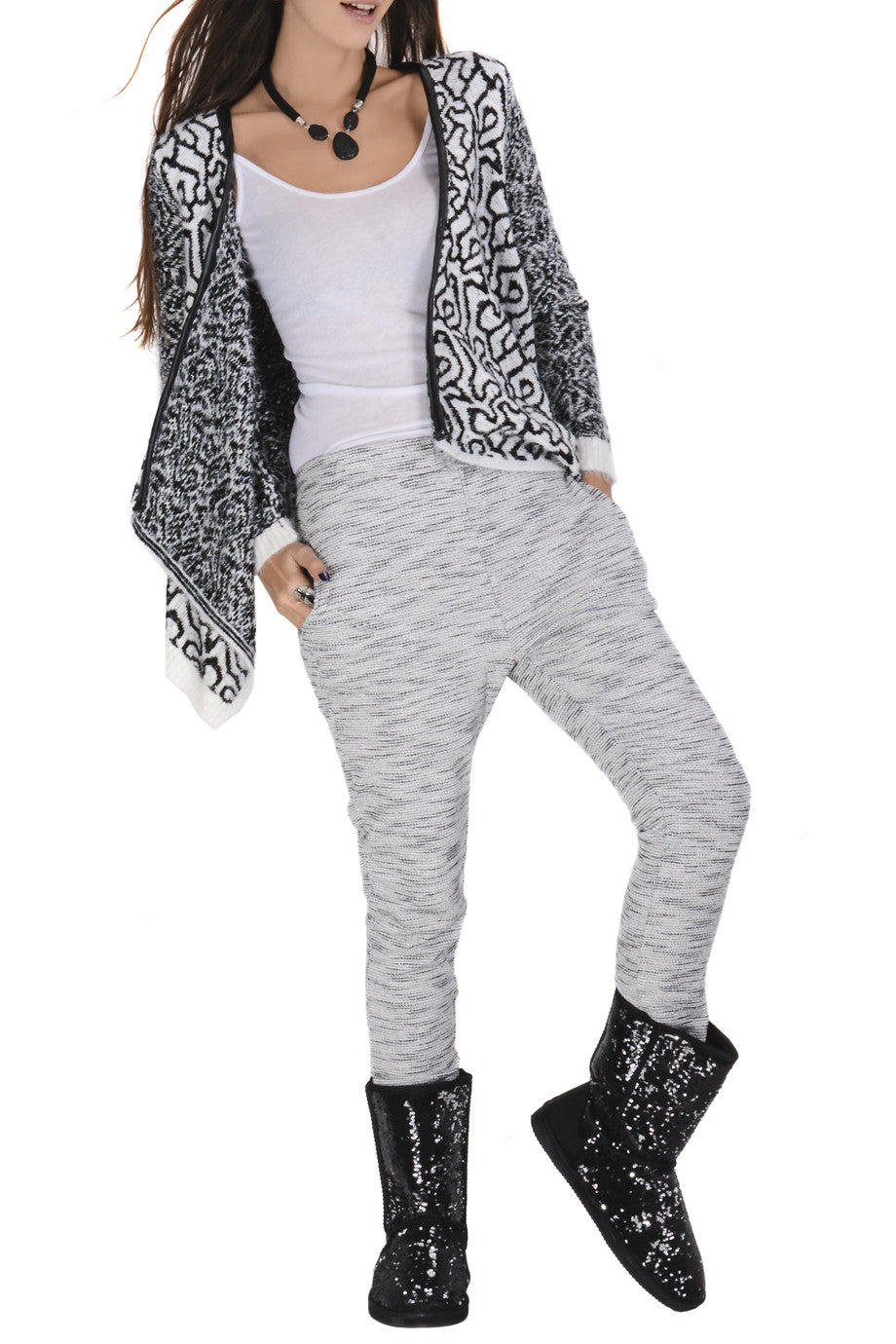 Πλεκτή Ασύμμετρη Mαυρόασπρη Ζακέτα | Γυναικεία Ρούχα