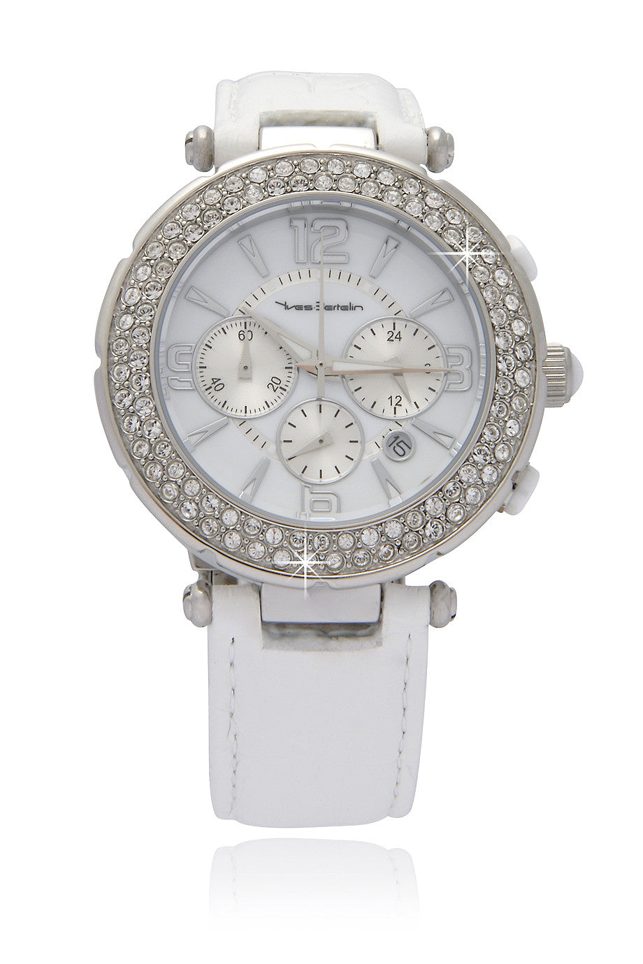SUIR wit lederen chronograafhorloge met kristallen