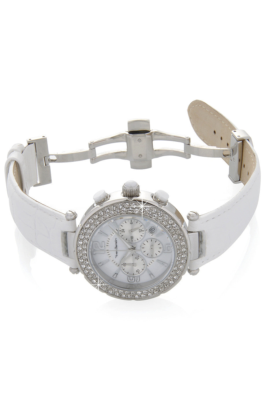 SUIR wit lederen chronograafhorloge met kristallen