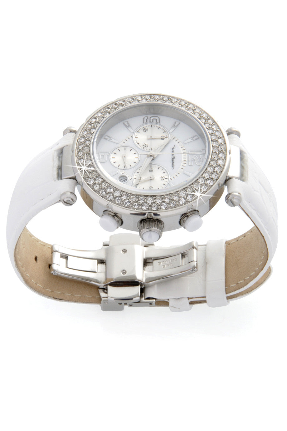 SUIR wit lederen chronograafhorloge met kristallen