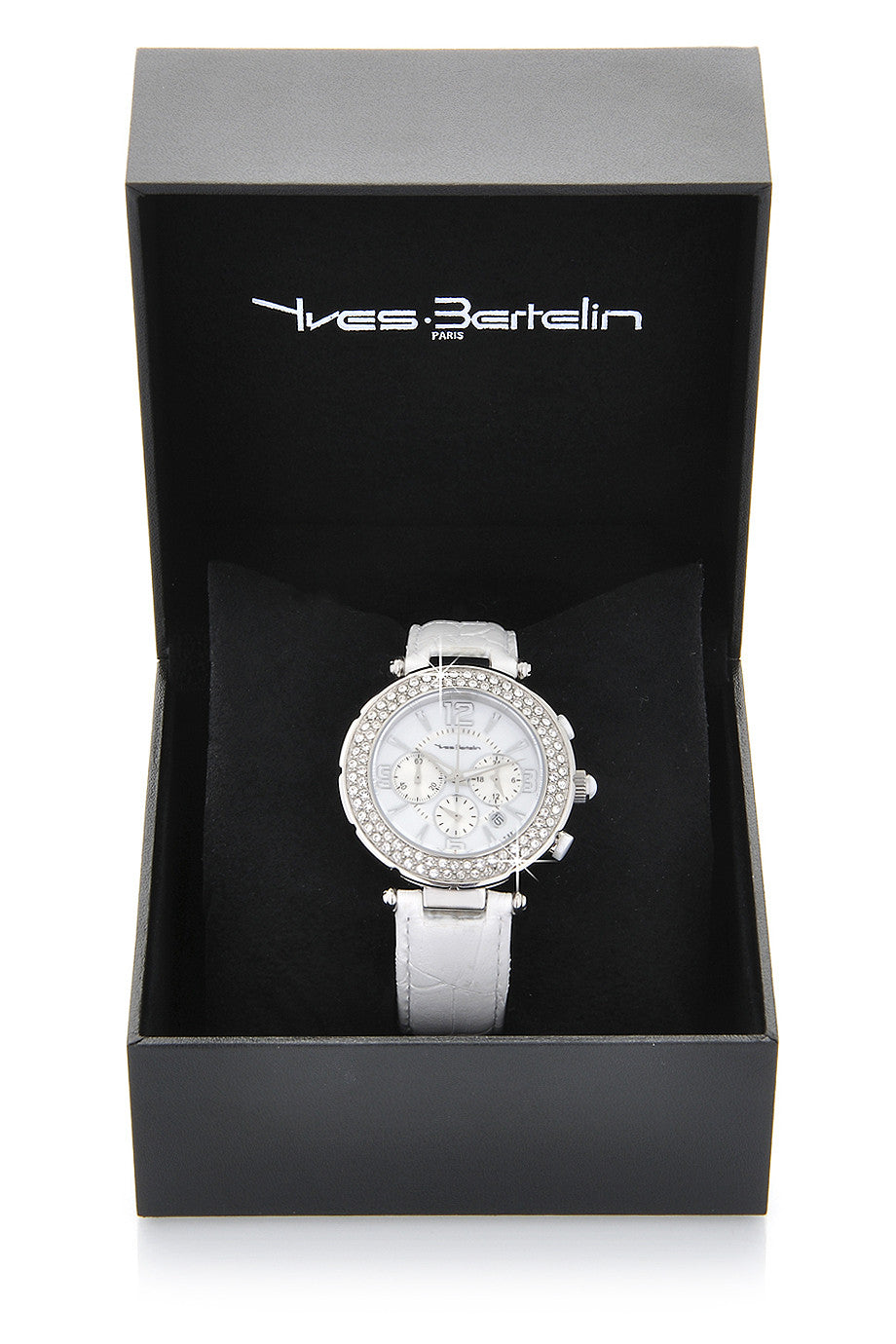 SUIR wit lederen chronograafhorloge met kristallen