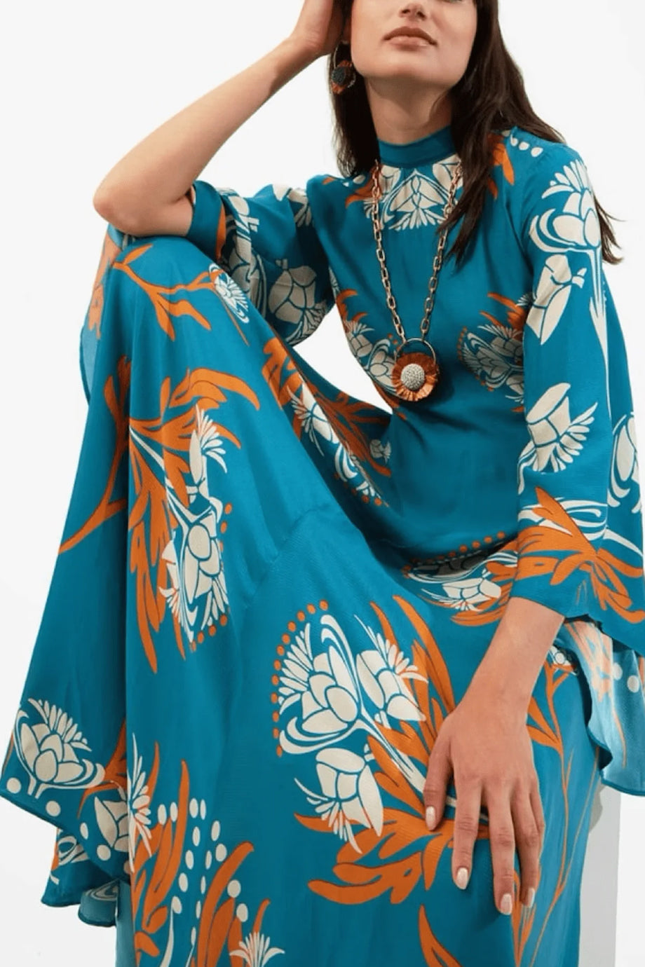 Thalira Μάξι Εμπριμέ Φόρεμα Καφτάνι με Μανίκια Καμπάνα | Καφτάνια Κιμονό Ριχτά Φορέματα - Beachwear - Loungewear | Thalira Maxi Printed Kaftan Dress with Bell Sleeves