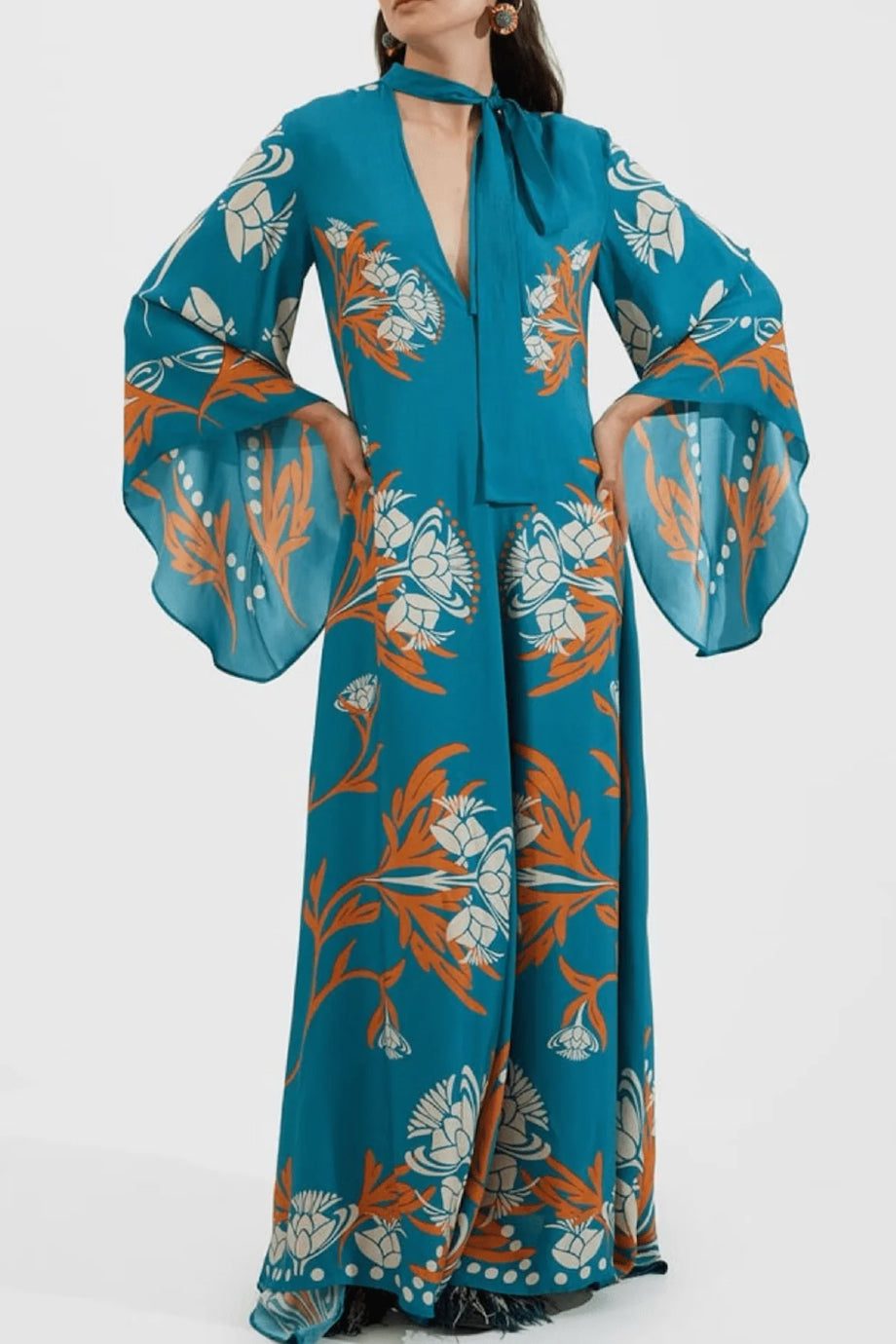 Thalira Μάξι Εμπριμέ Φόρεμα Καφτάνι με Μανίκια Καμπάνα | Καφτάνια Κιμονό Ριχτά Φορέματα - Beachwear - Loungewear | Thalira Maxi Printed Kaftan Dress with Bell Sleeves