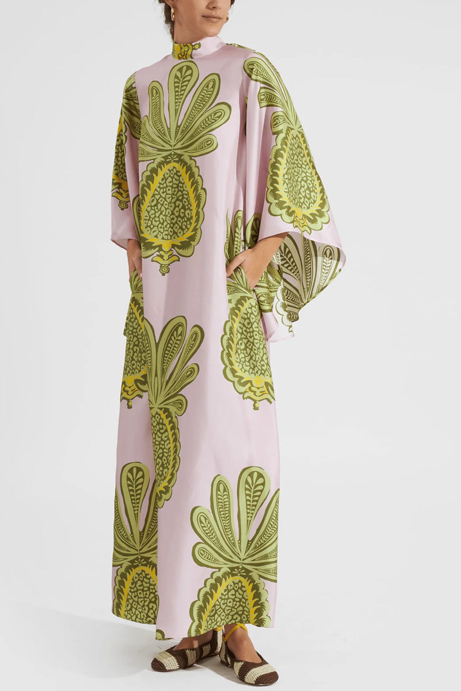 Esmea Lange Bedrukte Kaftan Jurk met Halterhals en Wijde Mouwen