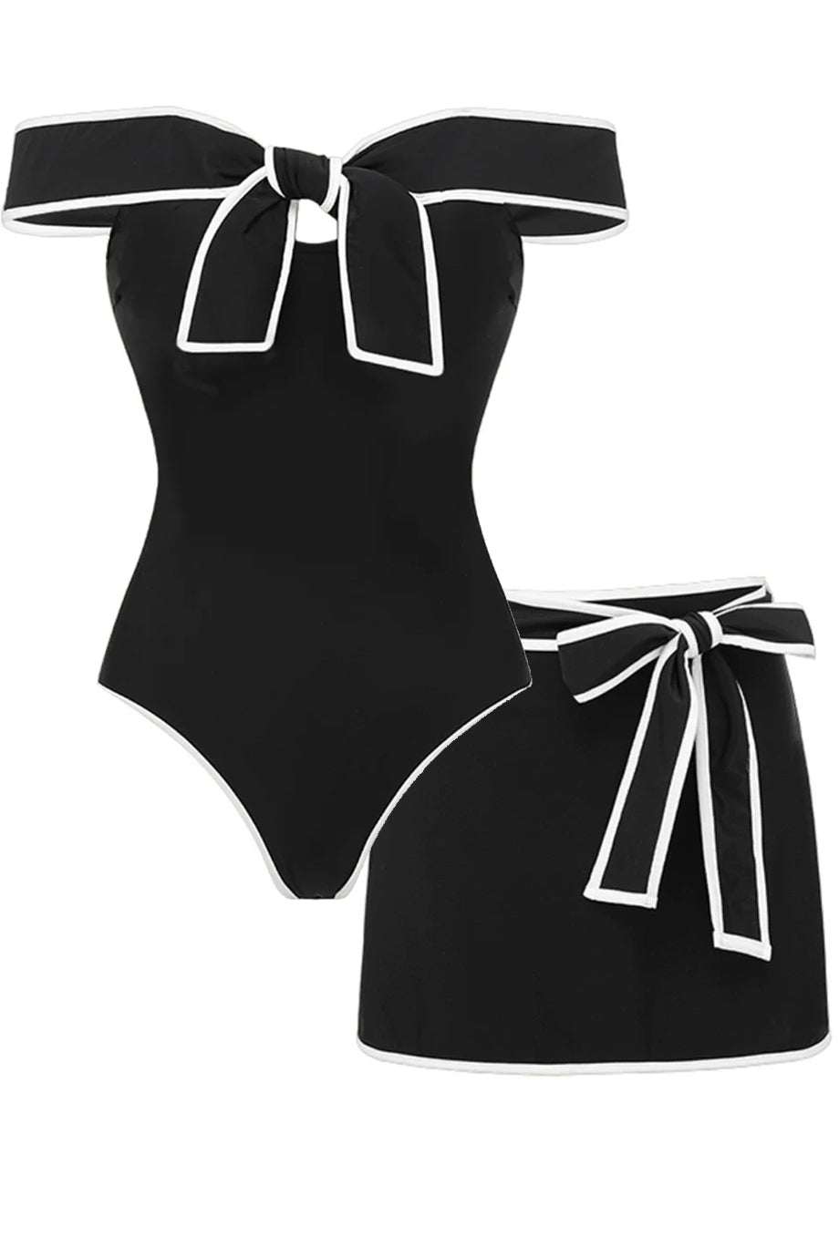 Contris One-Piece Black Swimsuit with Bow and Pareo Skirt Set