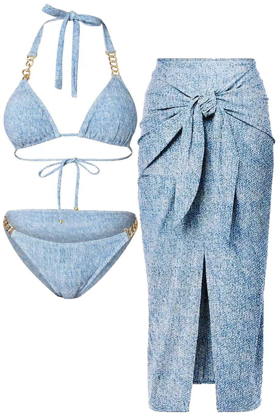 Alvienne Blauwe Bikini met Ketting en Pareo Set