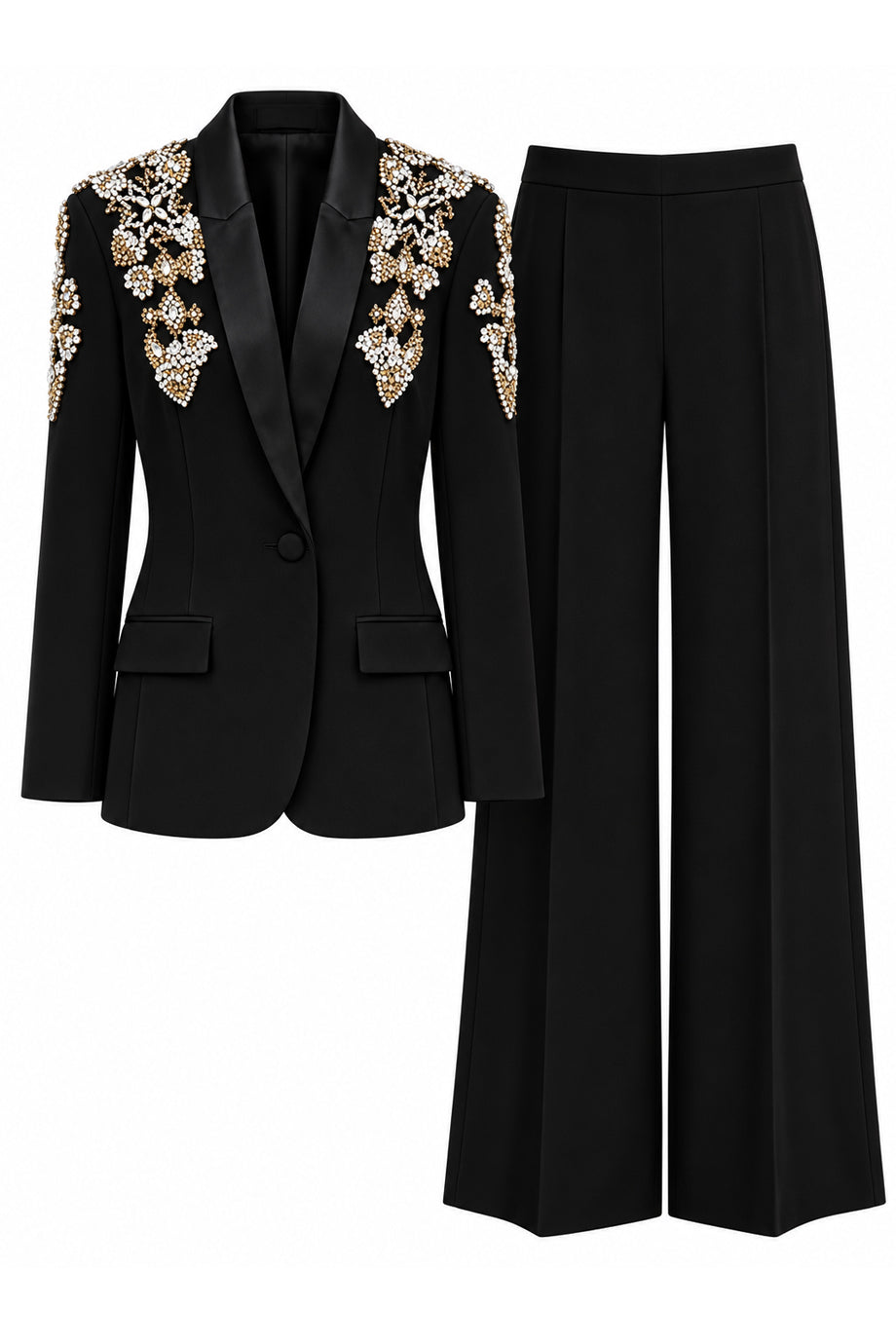 Vespera Zwarte Set Blazer & Pantalon met Kristallen Details