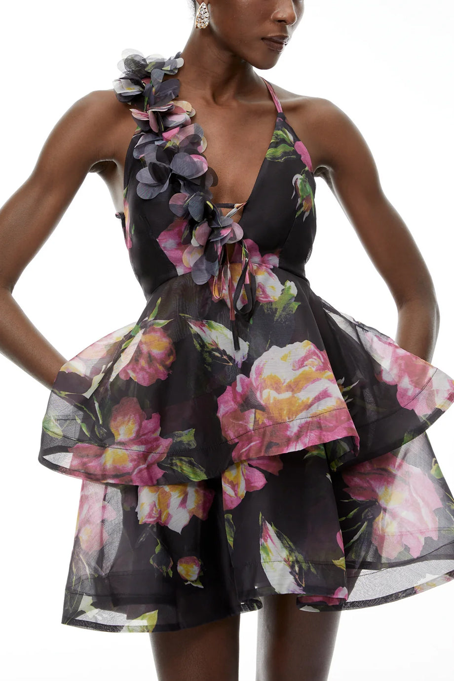 Chione Φλοράλ Μίνι Φόρεμα με Βολάν και Ανοικτή Πλάτη | Βραδινά Φορέματα Evening Dresses | Chione Floral Mini Dress with Asymmetric Strap and Layered Ruffle Skirt