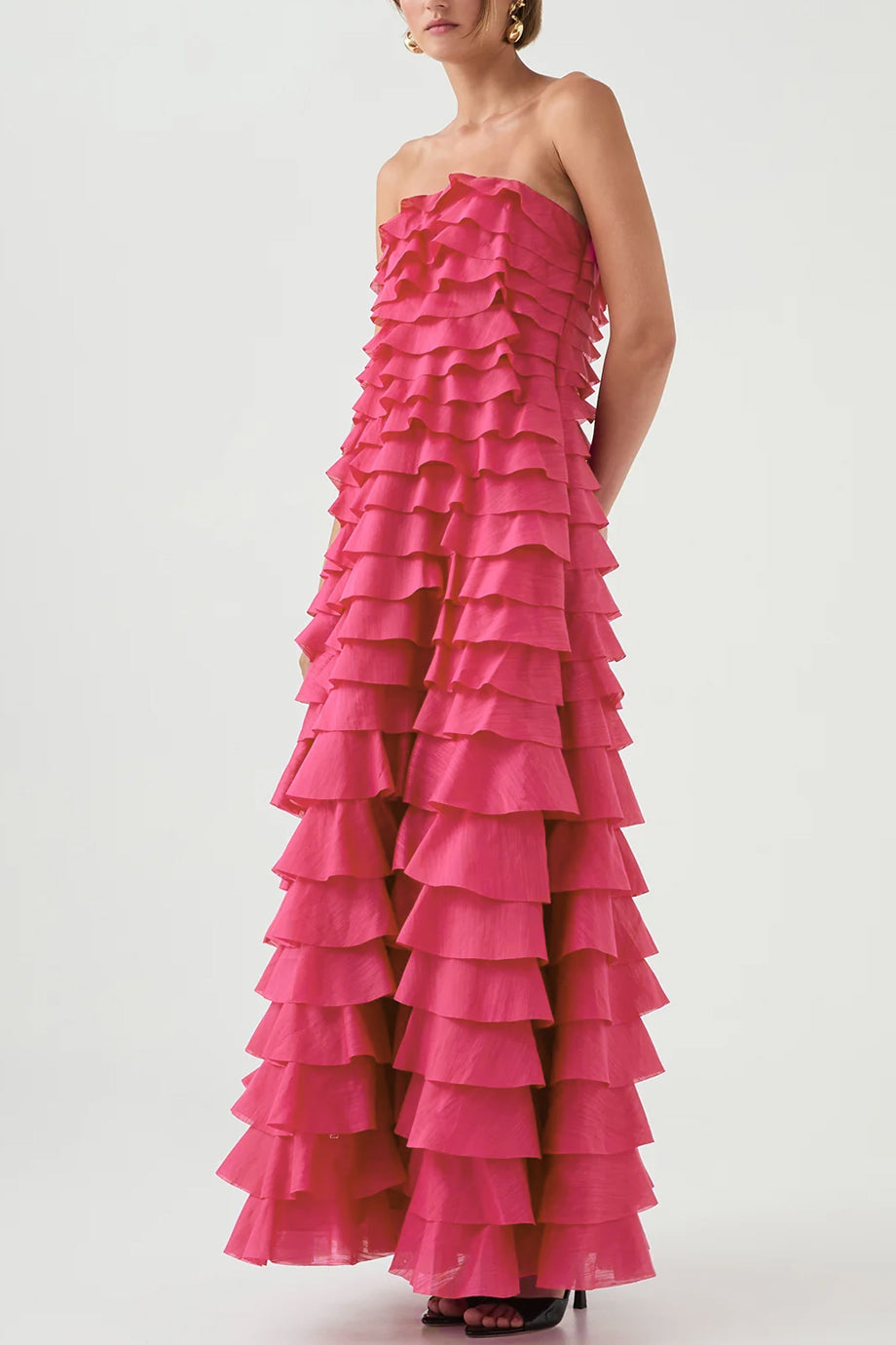 Fleur Στράπλες Μάξι Φούξια Φόρεμα με Βολάν | Βραδινά Φορέματα Evening Dresses | Fleur Layered Ruffled Strapless Maxi Dress