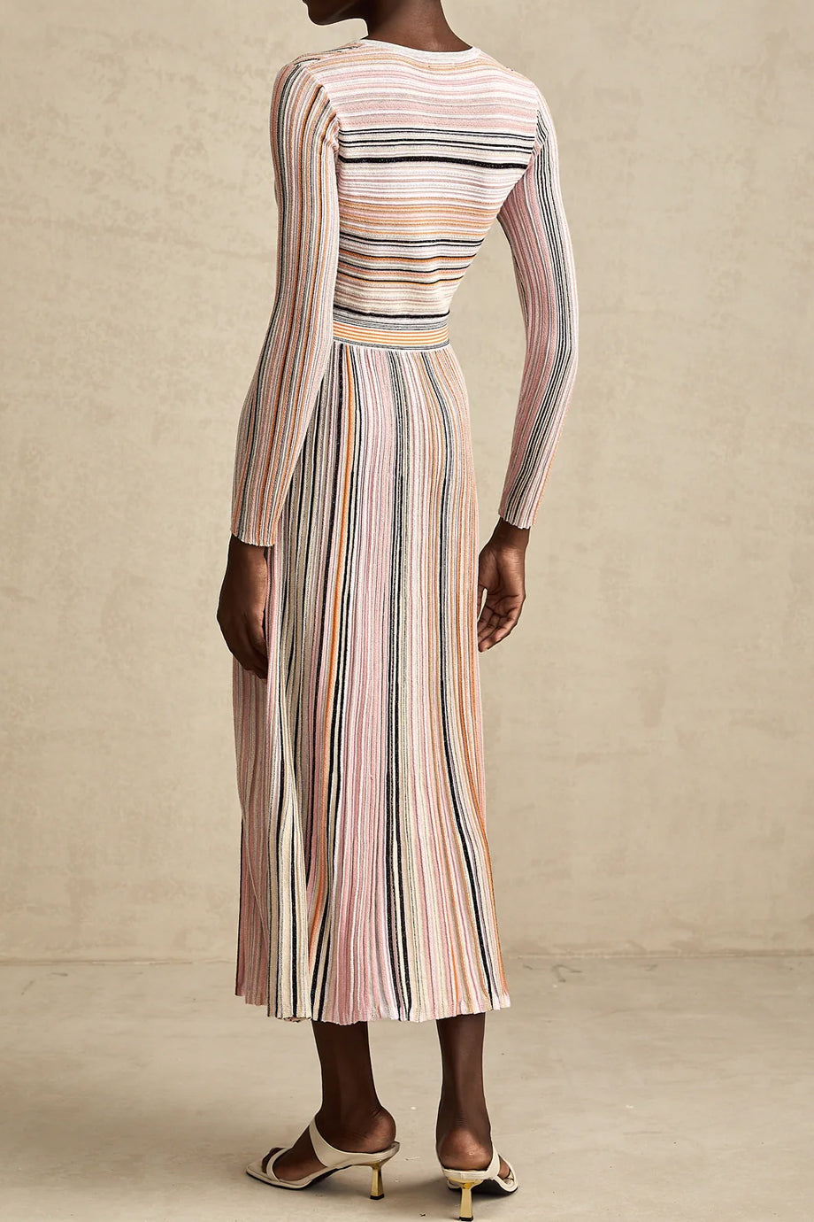 Mathilde Ροζ Πλεκτό Μίντι Φόρεμα με Ρίγες | Φορέματα - Dresses | Mathilde Pink Metallic Striped Knit Midi Dress