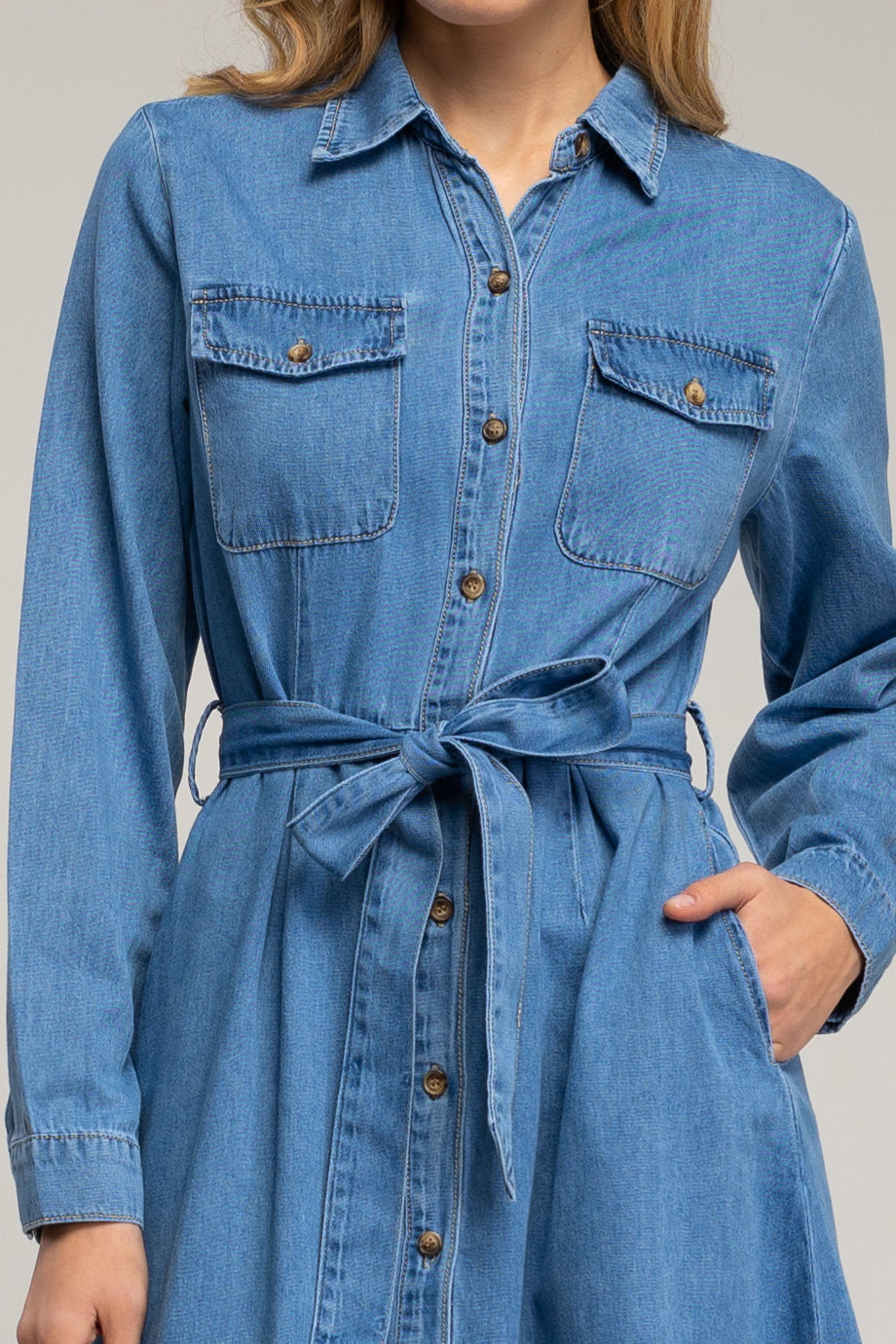 Darvienne Μακρύ Τζιν Φόρεμα με Κουμπιά και Ζώνη | Γυναικεία Φορέματα - dresses| Darvienne Denim Maxi Shirt Dress with Buttons and Waist Belt