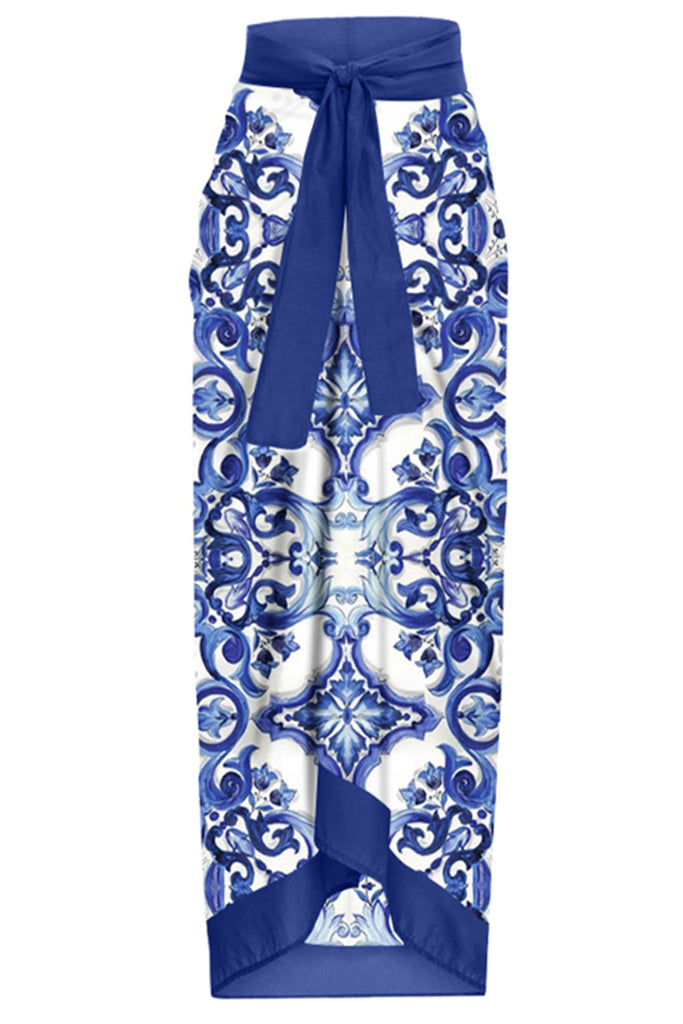 Vinty Blue Printed One Piece Swimsuit with Pareo