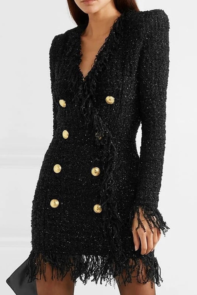 Adaria zwart tweed mini-jurkjasje met franjes